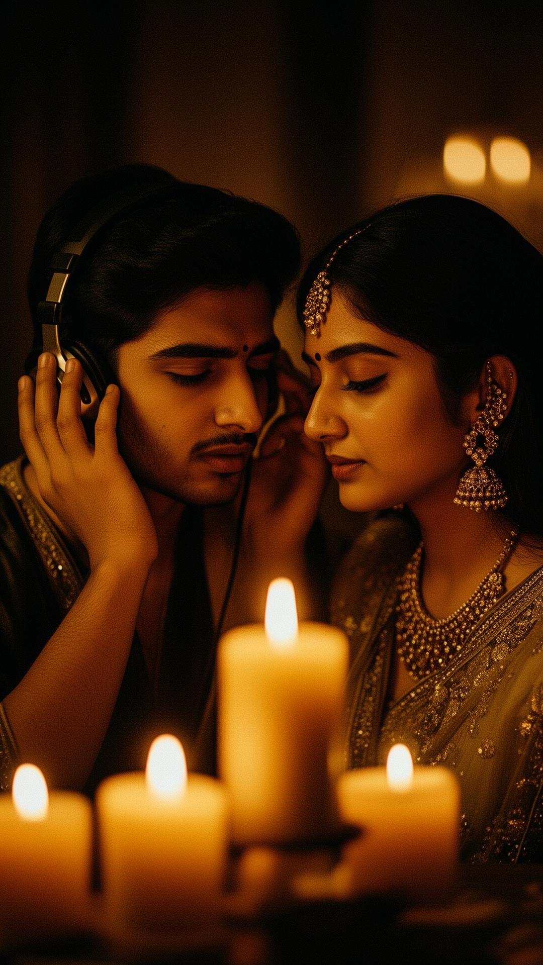 Couple sharing headphones in candlelight